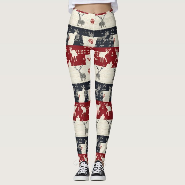 Rustic Nordic Reindeer & Snowflake | Knit Pattern Leggings (Front)