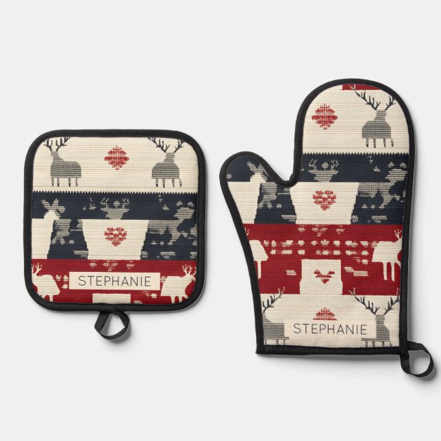 Rustic Nordic Reindeer & Snowflake | Knit Pattern Oven Mitt & Pot Holder Set (Front)