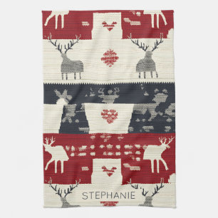Rustic Nordic Reindeer & Snowflake Knit Pattern Tea Towel