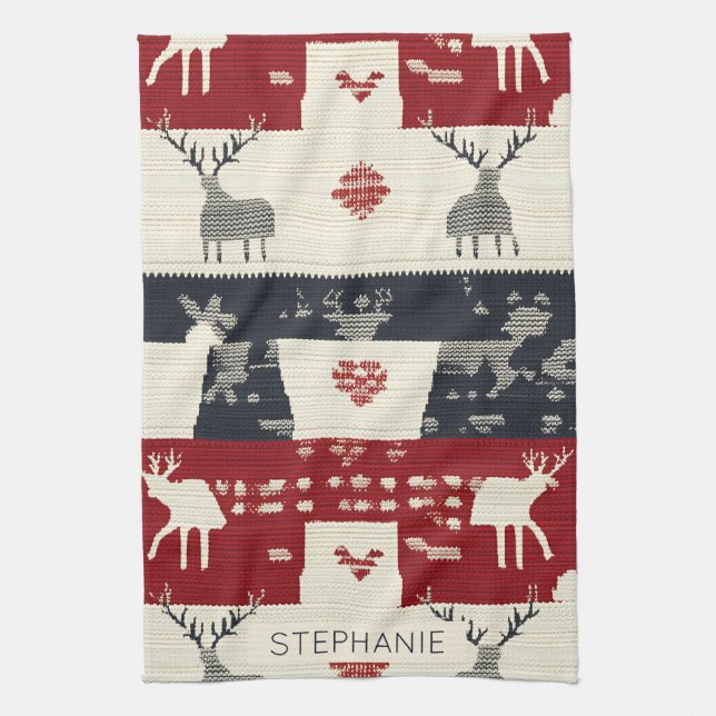 Rustic Nordic Reindeer & Snowflake | Knit Pattern Tea Towel (Vertical)