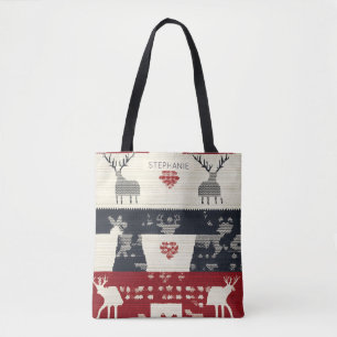 Rustic Nordic Reindeer & Snowflake   Knit Pattern Tote Bag