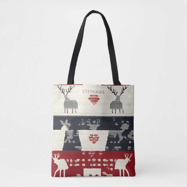 Rustic Nordic Reindeer & Snowflake | Knit Pattern Tote Bag (Front)