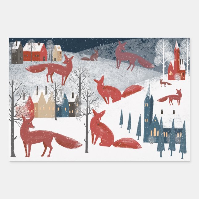 Rustic Nordic Winter Red Fox Snow Mountain Village Wrapping Paper Sheet (Front)