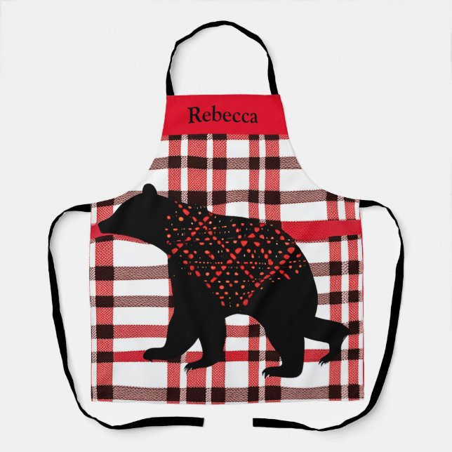 Rustic Northwoods Black Bear Silhouette On Plaid Apron (Front)