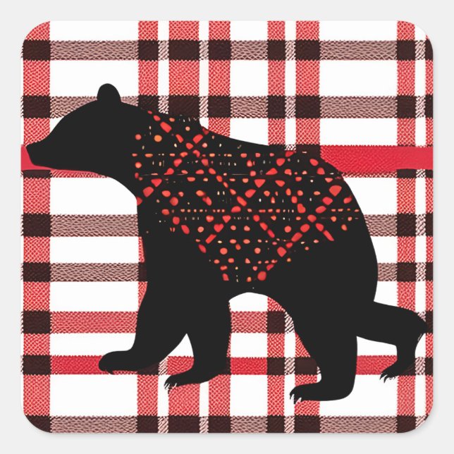 Rustic Northwoods Black Bear Silhouette On Plaid Square Sticker (Front)