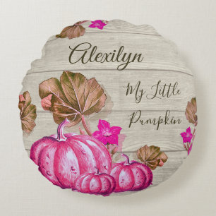 Rustic Nursery Grey Wood Autumn Pink Pumpkins Round Cushion