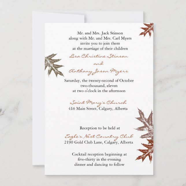 Rustic Oak Leaf Wedding Invitation (Front)