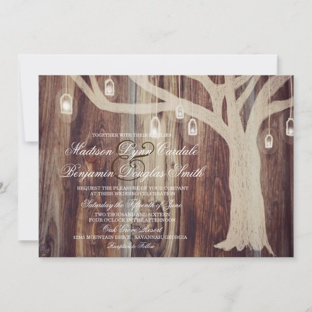 Rustic Oak Tree Lights Wood Wedding Invitations (Front)