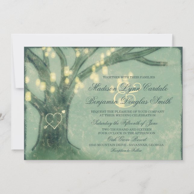 Rustic Oak Tree Mason Jar Lights Wedding Invites (Front)