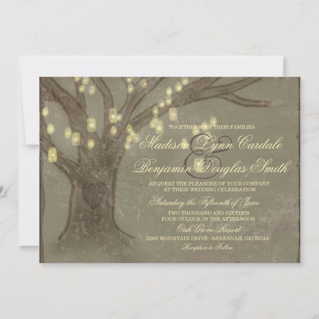 Rustic Oak Tree Mason Jar Lights Wedding Invites (Front)