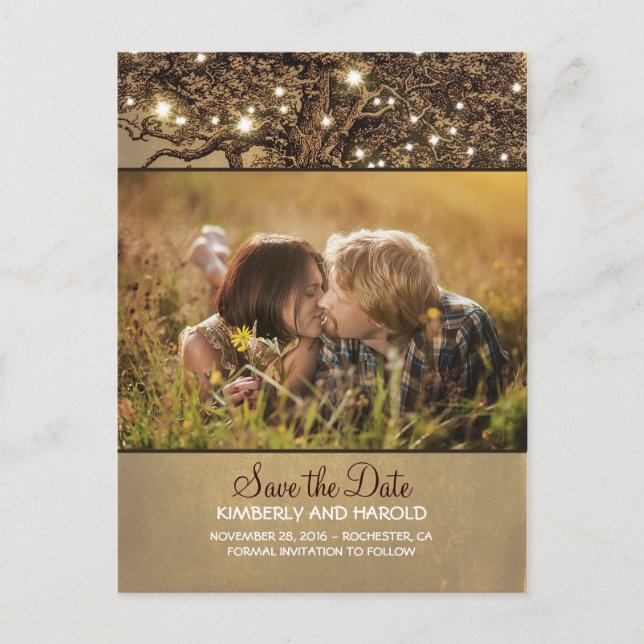 Rustic Oak Tree Photo Save the Date Announcement Postcard (Front)