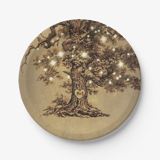 Rustic Oak Tree String Lights Paper Plate (Front)