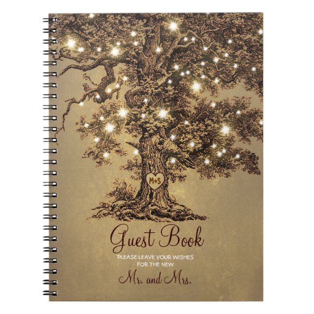 Rustic Oak Tree String Lights Wedding Guest Book (Front)