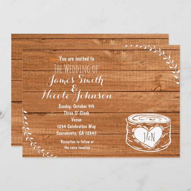 Rustic Oak Wood & Heart Stump Wedding Invitation (Front/Back)