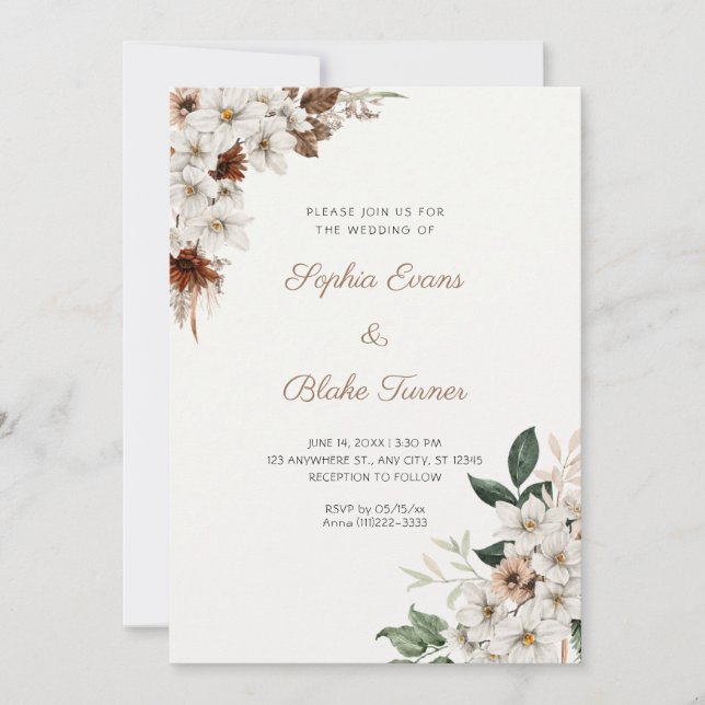 Rustic Off White Flowers Boho Off White Wedding Invitation (Front)