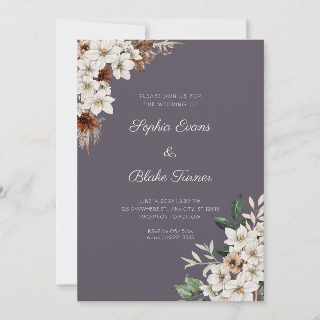 Rustic Off White Flowers Boho Smoke Grey Wedding Invitation (Front)