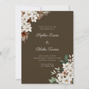 Rustic Off White Flowers Boho Wood Brown Wedding Invitation