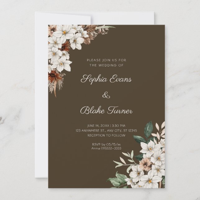 Rustic Off White Flowers Boho Wood Brown Wedding Invitation (Front)