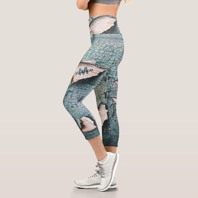 Rustic old blue green paint wood Custom Monogram Capri Leggings (Left)