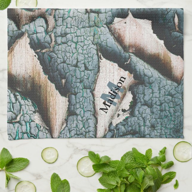 Rustic old blue green paint wood Custom Monogram Tea Towel (Folded)