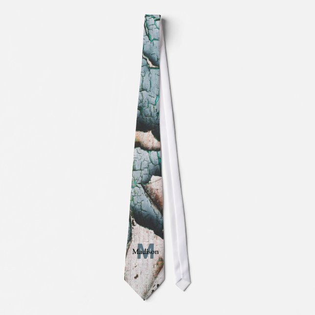 Rustic old blue green paint wood Custom Monogram Tie (Front)