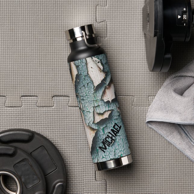 Rustic old blue green paint wood Custom name Water Bottle (Gym)