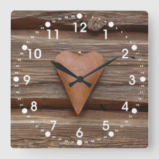 Rustic Old Heart on Log Cabin Wood Square Wall Clock