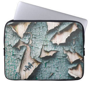 Rustic old light blue green peeling paint Monogram Laptop Sleeve