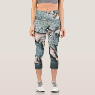 Rustic old light blue green peeling paint wood capri leggings