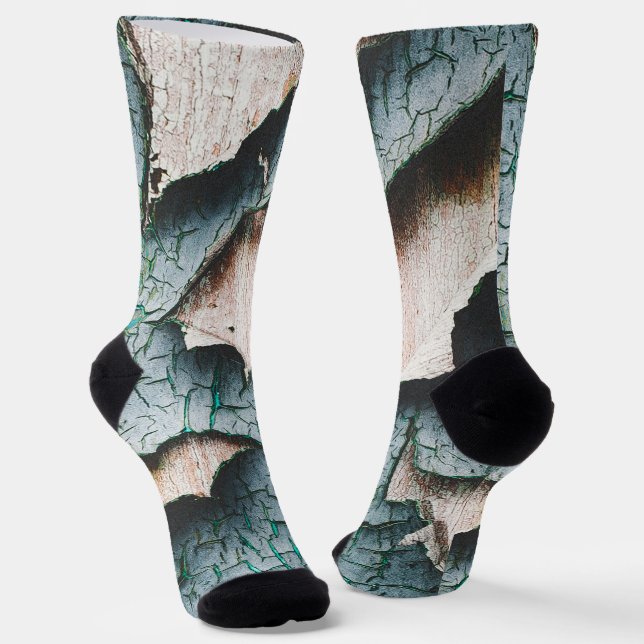 Rustic old light blue green peeling paint wood socks (Angled)