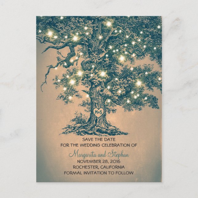 rustic old oak tree lights save the date postcards (Front)