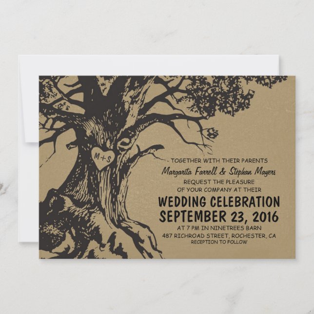 Rustic old oak tree wedding invitations (Front)