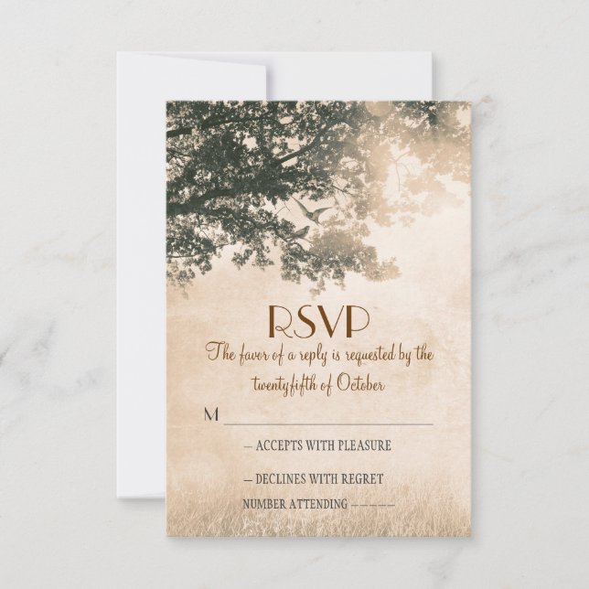Rustic old oak tree wedding RSVP cards (Front)