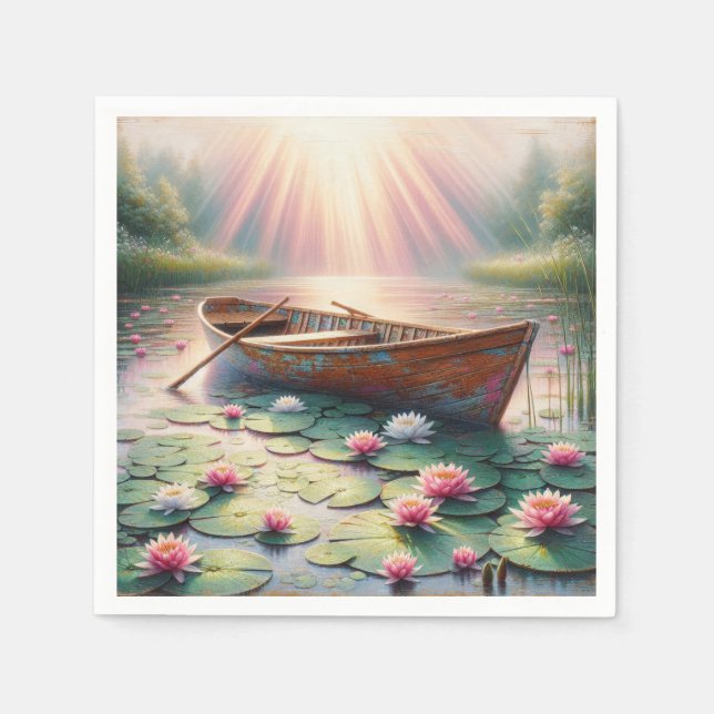 Rustic Old Rowboat In Water Lilies Napkin (Front)