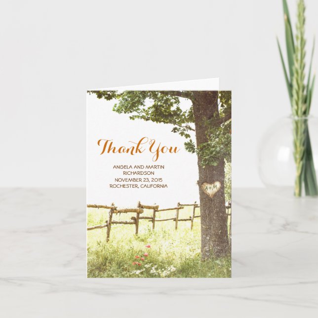 rustic old tree country wedding thank you cards (Front)