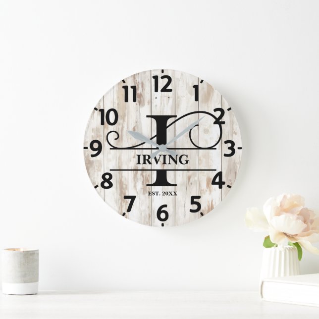 Rustic Old Wood I Monogram Large Clock (Home)