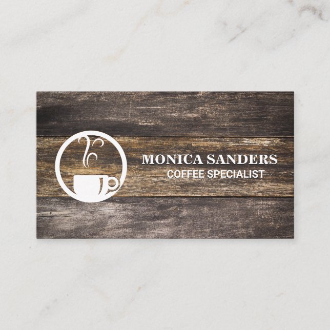 Rustic Old Wood Table | Steam Coffee Cup Appointment Card (Front)
