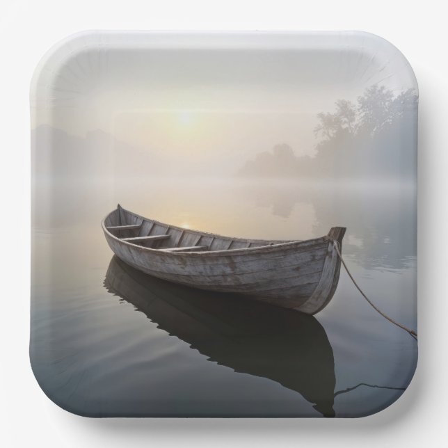 Rustic Old Wooden Rowboat On a Calm Lake Paper Plate (Front)
