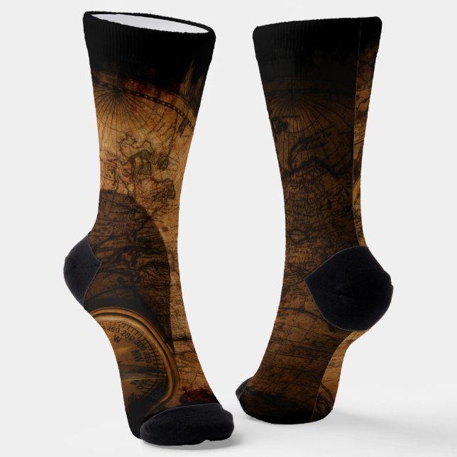 Rustic Old World Map and Compass Socks (Angled)