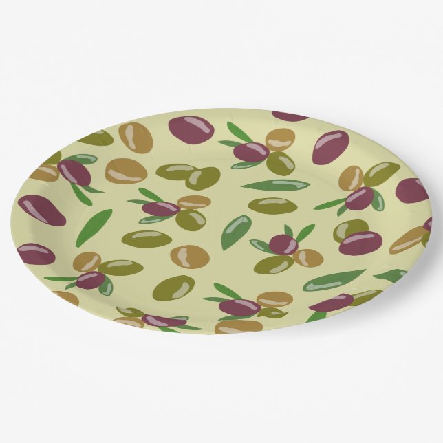 Rustic Olive and Olive Leaves Pattern Paper Plate (Angled)