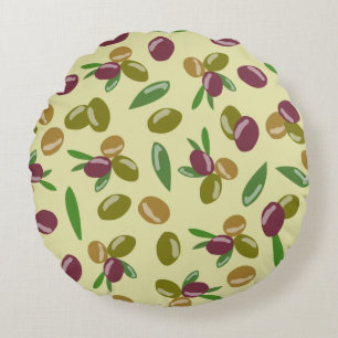 Rustic Olive and Olive Leaves Pattern Round Cushion