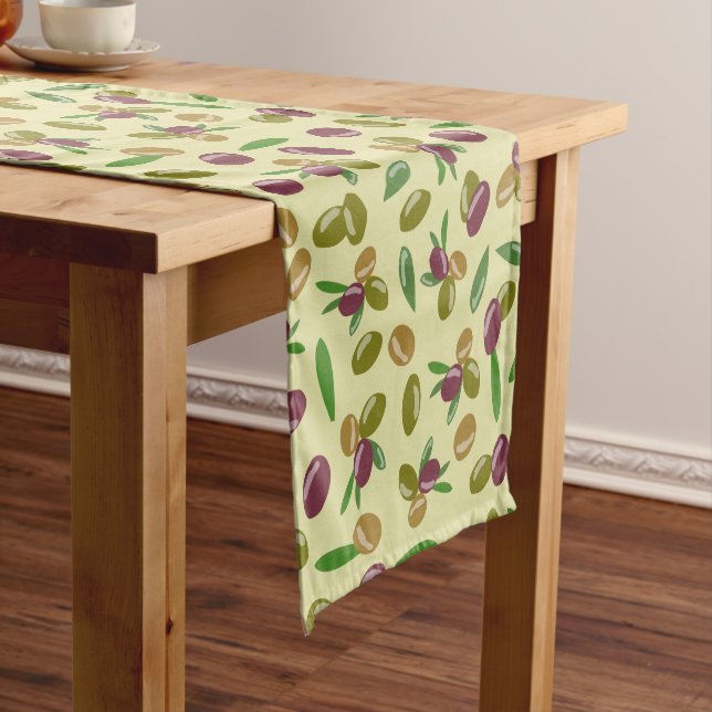 Rustic Olive and Olive Leaves Pattern Short Table Runner (In Situ)