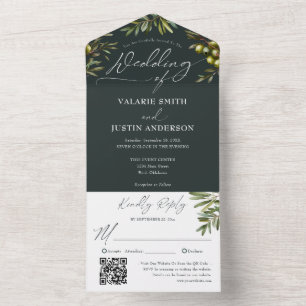 Rustic Olive Branch Dark Green Wedding All In One Invitation