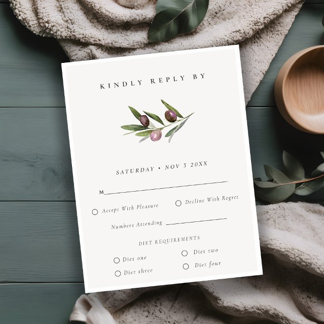 Rustic Olive Branch Foliage Wedding Diet RSVP Card (Creator Uploaded)