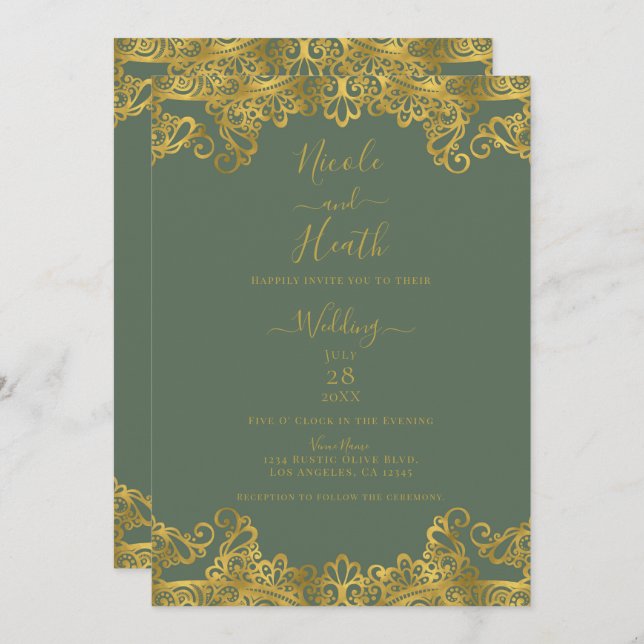 Rustic Olive & Gold Lace Elegant Wedding   Invitation (Front/Back)