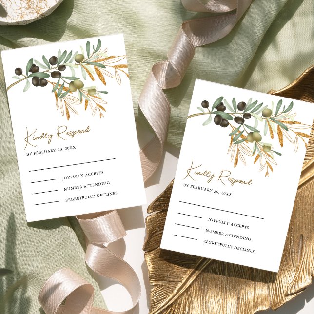 Rustic Olive Gold Leaves Branch Wedding RSVP Card (Creator Uploaded)