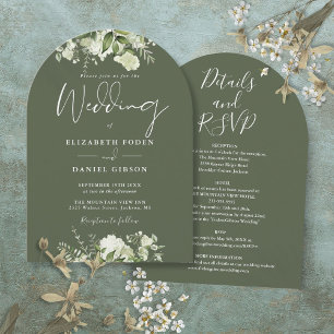 Rustic Olive Green All In One Floral Arch Wedding Invitation