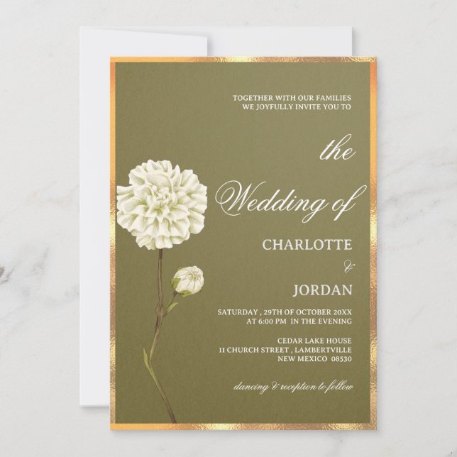 Rustic Olive Green and White Floral Wedding Invitation (Front)