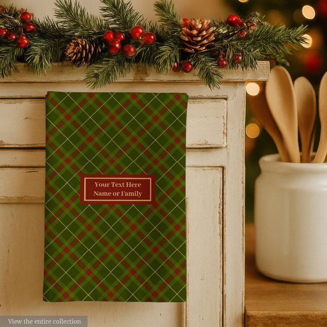 Rustic Olive Green Fall Tartan Towel Custom Name (Trendy Plaid Hand Towel Thanksgiving Monogram Style)