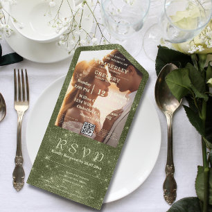 Rustic Olive Green Faux Burlap Photo  QR Code All In One Invitation